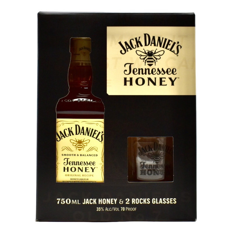 Jack Daniels Whiskey Honey 750ml & 2 Rocks Glasses Gift Set