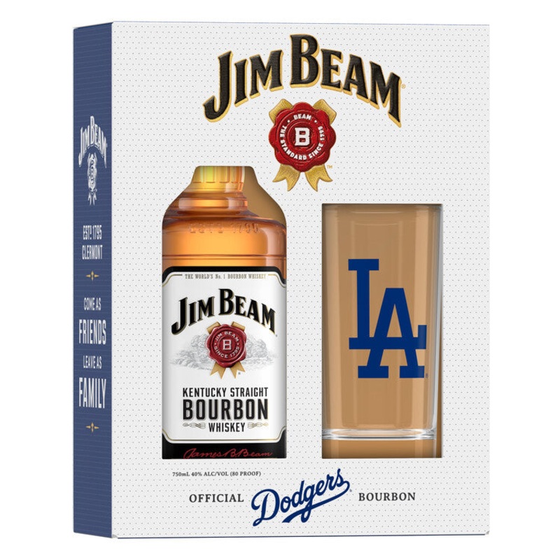 JIM BEAM STRAIGHT BOURBON WHITE LABEL 4 YR 80 W/ LOS ANGELES DODGERS HIGHBALL GLASS 750ML