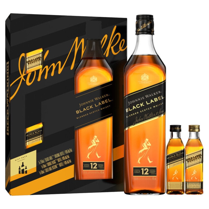 JOHNNIE WALKER BLENDED SCOTCH BLACK LABEL 12 YR 80 W/ 1-50ML DOUBLE BLACK & 1-50ML GOLD RESERVE 750ML