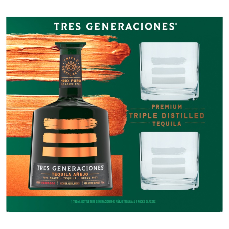 TRES GENERACIONES TEQUILA ANEJO 80 W/ 2 ROCKS GLASSES 750ML