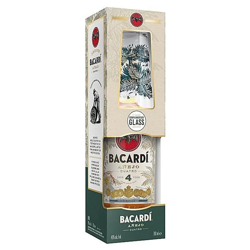 Bacardi Aejo Cuatro 4 Year Old Gold Rum Gift Pack, 70 cl