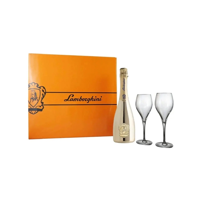 Lamborghini Extra Dry Gold Prosecco D.O.C. Gift Set With 2 Crystal Glasses, 75 cl