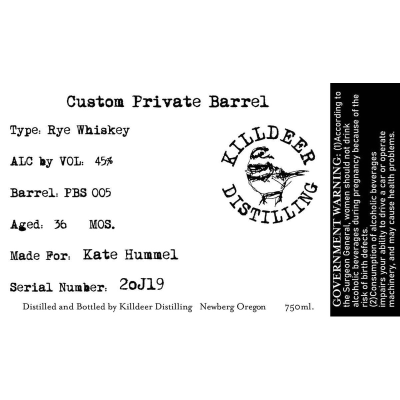 Killdeer Distilling Custom Private Barrel Rye Whiskey